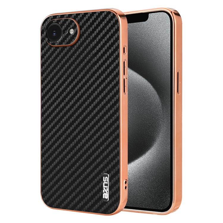 For iPhone 16e AZNS Electroplated Edge Carbon Fiber Texture Phone Case(Black)