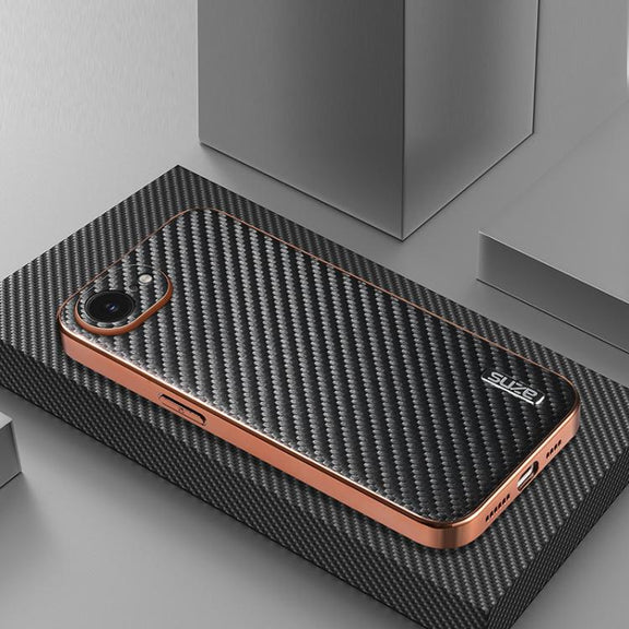For iPhone 16e AZNS Electroplated Edge Carbon Fiber Texture Phone Case(Black)