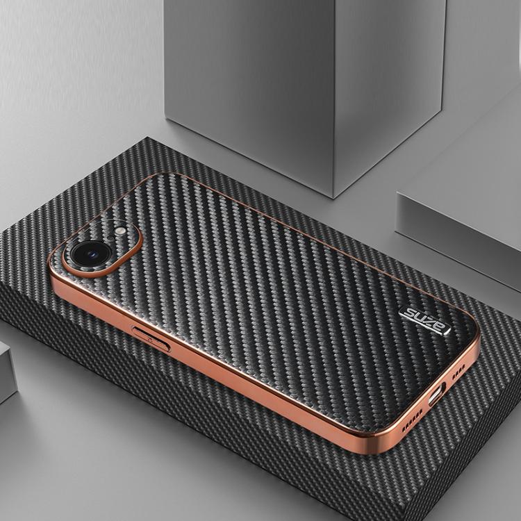 For iPhone 16e AZNS Electroplated Edge Carbon Fiber Texture Phone Case(Black)