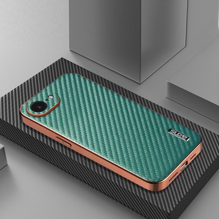 For iPhone 16e AZNS Electroplated Edge Carbon Fiber Texture Phone Case(Green)