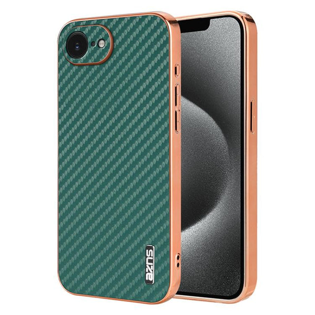 For iPhone 16e AZNS Electroplated Edge Carbon Fiber Texture Phone Case(Green)