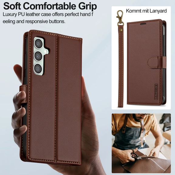 For Samsung Galaxy S24 5G LC.IMEEKE L2 Series Detachable Magsafe PU Phone Case with Lanyard(Brown)