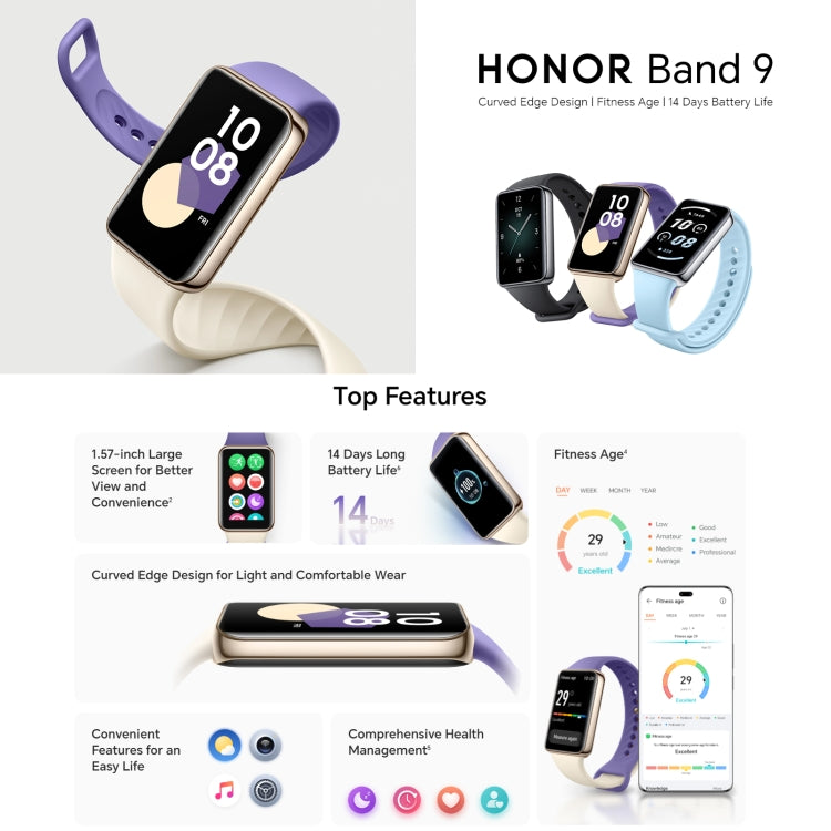 Honor Band 9, 1.57 inch AMOLED Screen, Support Heart Rate / Blood Oxygen / Sleep Monitoring, Standard Version(Blue)