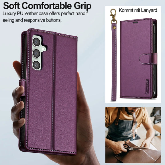 For Samsung Galaxy A35 5G LC.IMEEKE L2 Series Detachable Magsafe PU Phone Case with Lanyard(Purple)