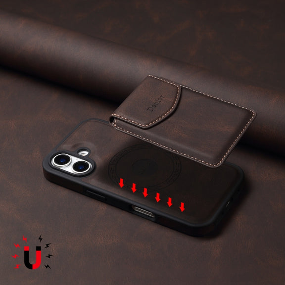 For iPhone 16 Plus Denior D19 Skin Feel MagSafe Detachable Card Slot Phone Case(Brown)