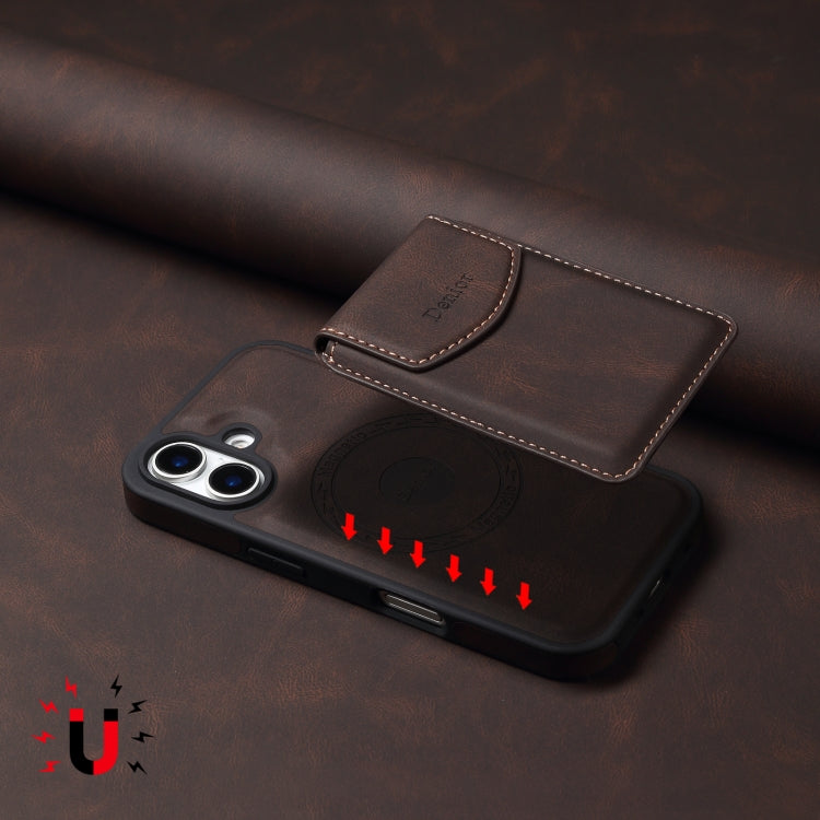 For iPhone 16 Denior D19 Skin Feel MagSafe Detachable Card Slot Phone Case(Brown)