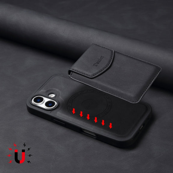 For iPhone 16 Denior D19 Skin Feel MagSafe Detachable Card Slot Phone Case(Black)