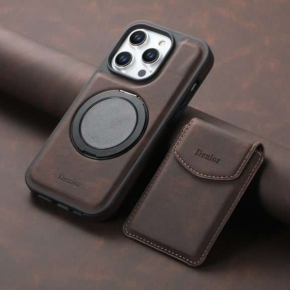 For iPhone 16 Pro Denior D20 Skin Feel MagSafe Holder Detachable Card Slot Phone Case(Brown)