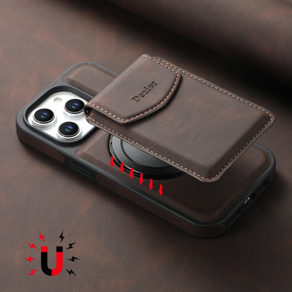 For iPhone 16 Plus Denior D20 Skin Feel MagSafe Holder Detachable Card Slot Phone Case(Brown)