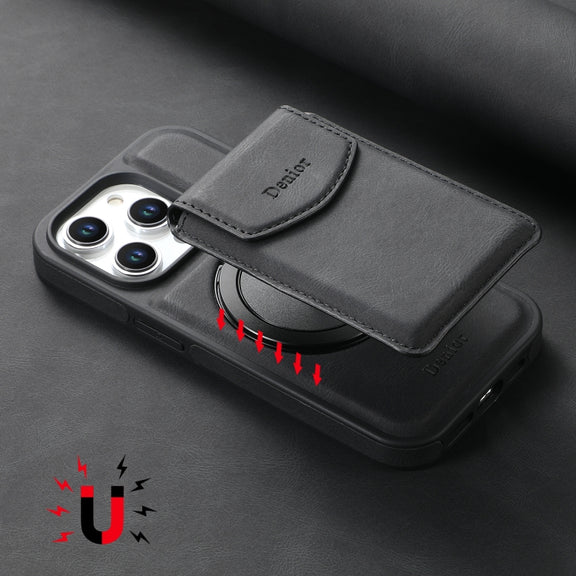 For iPhone 16 Plus Denior D20 Skin Feel MagSafe Holder Detachable Card Slot Phone Case(Black)