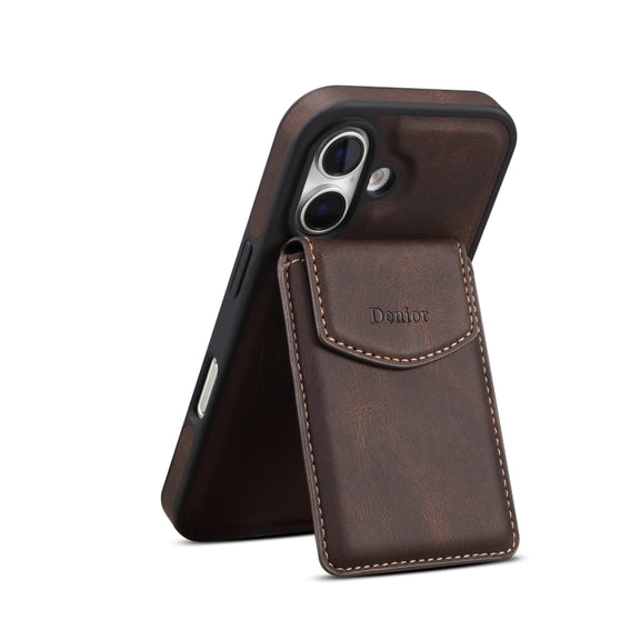 For iPhone 16 Denior D20 Skin Feel MagSafe Holder Detachable Card Slot Phone Case(Brown)