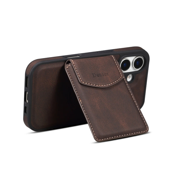 For iPhone 16 Denior D20 Skin Feel MagSafe Holder Detachable Card Slot Phone Case(Brown)