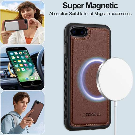For iPhone 7 Plus / 8 Plus LC.IMEEKE L2 Series Detachable Magsafe PU Phone Case with Lanyard(Brown)
