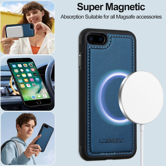 For iPhone 7 Plus / 8 Plus LC.IMEEKE L2 Series Detachable Magsafe PU Phone Case with Lanyard(Blue)