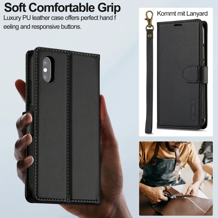 For iPhone XR LC.IMEEKE L2 Series Detachable Magsafe PU Phone Case with Lanyard(Black)