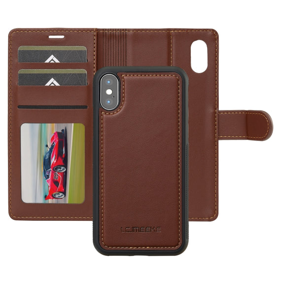 For iPhone XR LC.IMEEKE L2 Series Detachable Magsafe PU Phone Case with Lanyard(Brown)