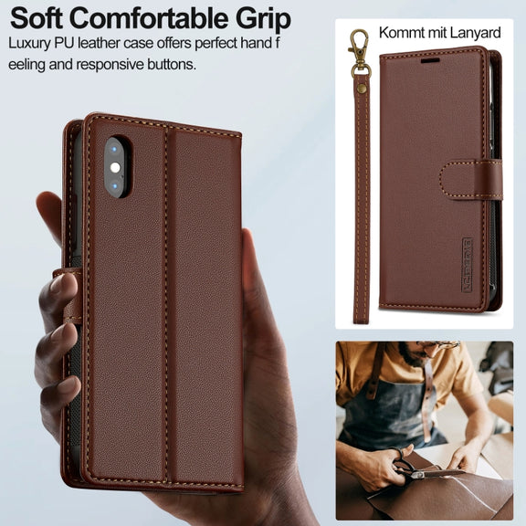 For iPhone XR LC.IMEEKE L2 Series Detachable Magsafe PU Phone Case with Lanyard(Brown)