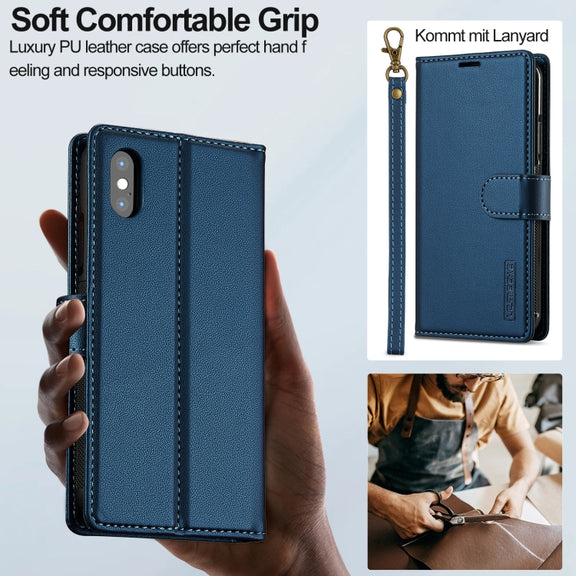 For iPhone XR LC.IMEEKE L2 Series Detachable Magsafe PU Phone Case with Lanyard(Blue)