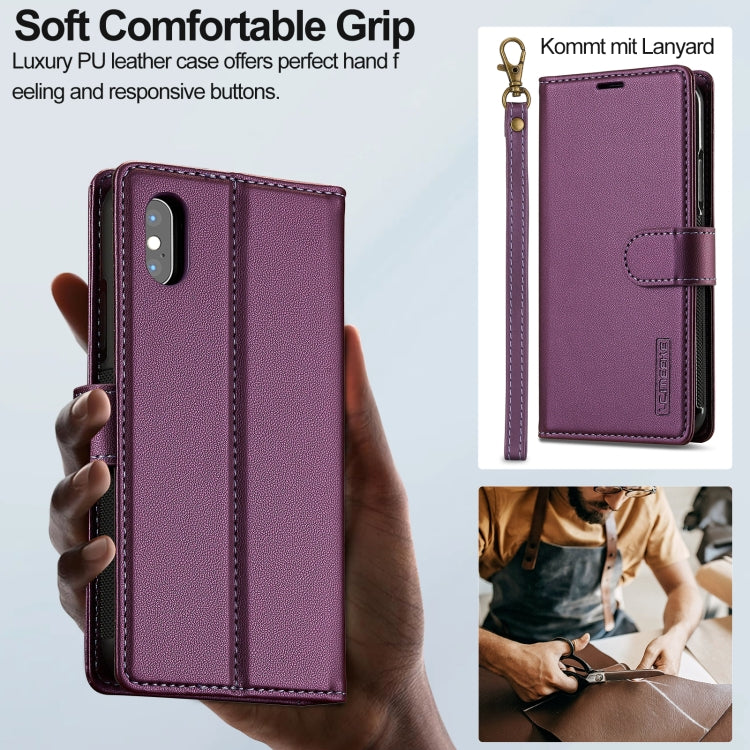 For iPhone XR LC.IMEEKE L2 Series Detachable Magsafe PU Phone Case with Lanyard(Purple)
