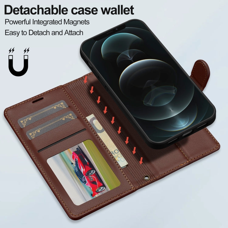 For iPhone 12 Pro Max LC.IMEEKE L2 Series Detachable Magsafe PU Phone Case with Lanyard(Brown)