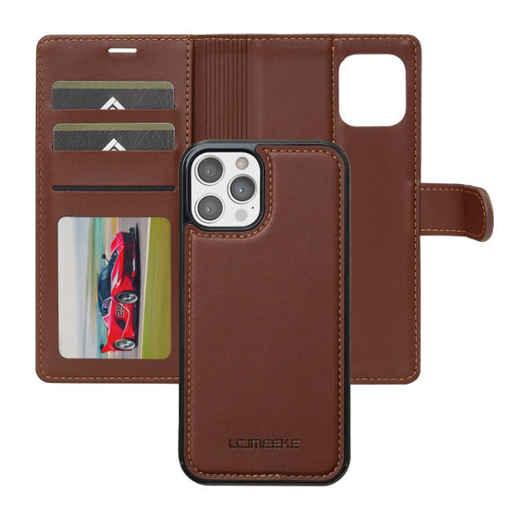 For iPhone 14 Pro Max LC.IMEEKE L2 Series Detachable Magsafe PU Phone Case with Lanyard(Brown)