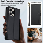 For iPhone 13 Pro Max LC.IMEEKE L2 Series Detachable Magsafe PU Phone Case with Lanyard(Black)