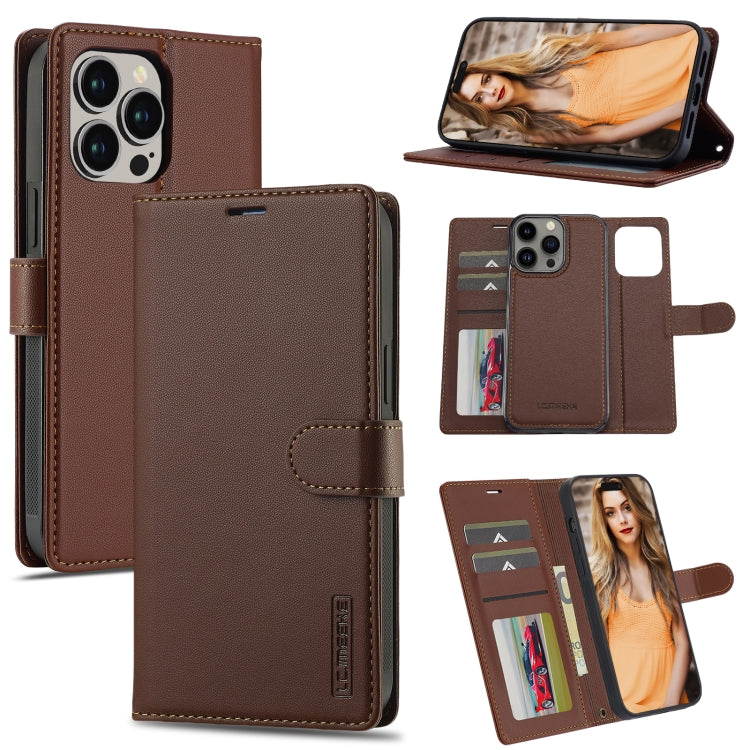 For iPhone 13 Pro Max LC.IMEEKE L2 Series Detachable Magsafe PU Phone Case with Lanyard(Brown)