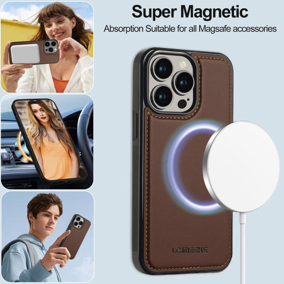 For iPhone 13 Pro Max LC.IMEEKE L2 Series Detachable Magsafe PU Phone Case with Lanyard(Brown)