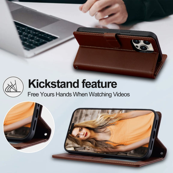 For iPhone 13 Pro Max LC.IMEEKE L2 Series Detachable Magsafe PU Phone Case with Lanyard(Brown)
