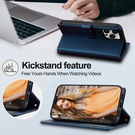 For iPhone 13 Pro Max LC.IMEEKE L2 Series Detachable Magsafe PU Phone Case with Lanyard(Blue)