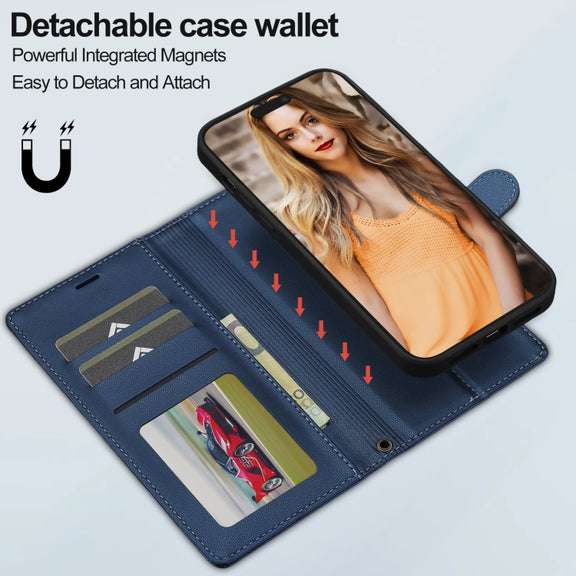 For iPhone 13 Pro Max LC.IMEEKE L2 Series Detachable Magsafe PU Phone Case with Lanyard(Blue)