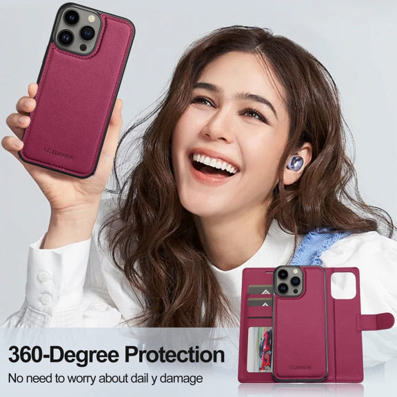 For iPhone 13 Pro Max LC.IMEEKE L2 Series Detachable Magsafe PU Phone Case with Lanyard(Red)