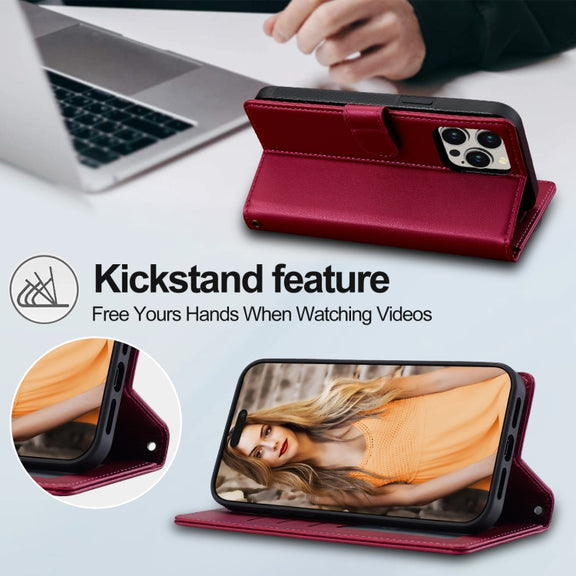 For iPhone 13 Pro Max LC.IMEEKE L2 Series Detachable Magsafe PU Phone Case with Lanyard(Red)