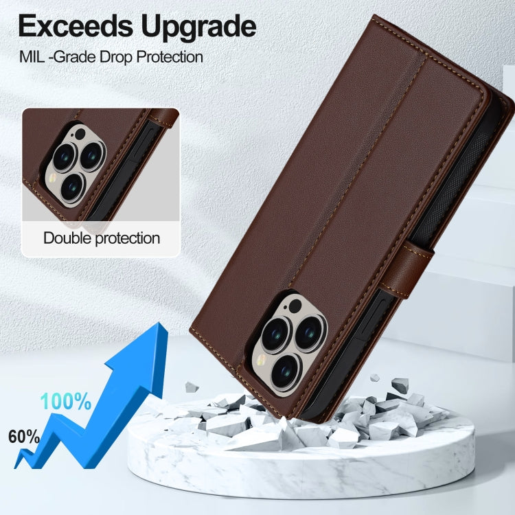 For iPhone 13 Pro LC.IMEEKE L2 Series Detachable Magsafe PU Phone Case with Lanyard(Brown)