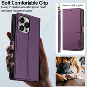 For iPhone 13 Pro LC.IMEEKE L2 Series Detachable Magsafe PU Phone Case with Lanyard(Purple)