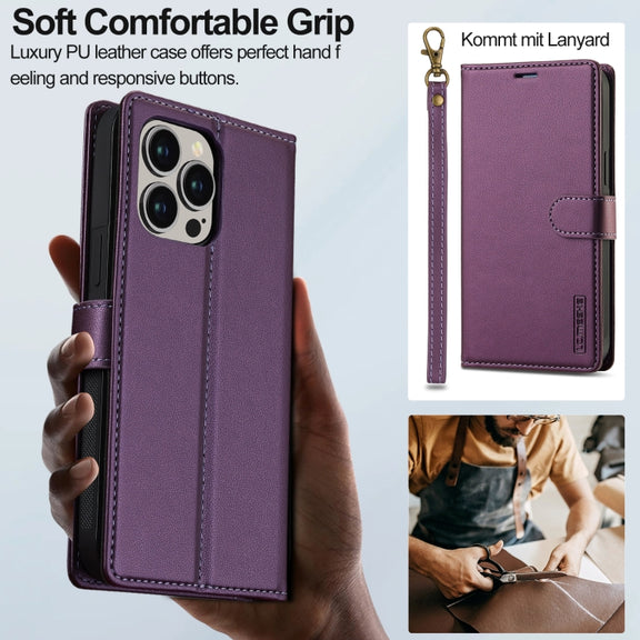 For iPhone 13 Pro LC.IMEEKE L2 Series Detachable Magsafe PU Phone Case with Lanyard(Purple)