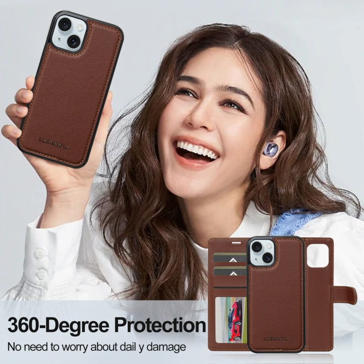 For iPhone 13 LC.IMEEKE L2 Series Detachable Magsafe PU Phone Case with Lanyard(Brown)