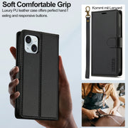 For iPhone 14 LC.IMEEKE L2 Series Detachable Magsafe PU Phone Case with Lanyard(Black)