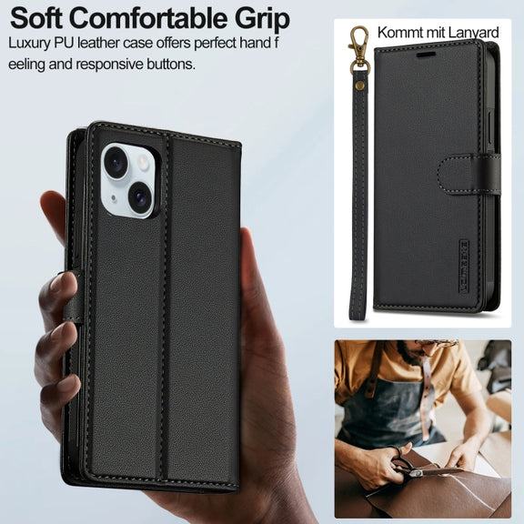 For iPhone 14 LC.IMEEKE L2 Series Detachable Magsafe PU Phone Case with Lanyard(Black)