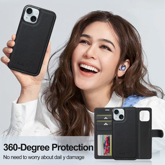 For iPhone 14 LC.IMEEKE L2 Series Detachable Magsafe PU Phone Case with Lanyard(Black)