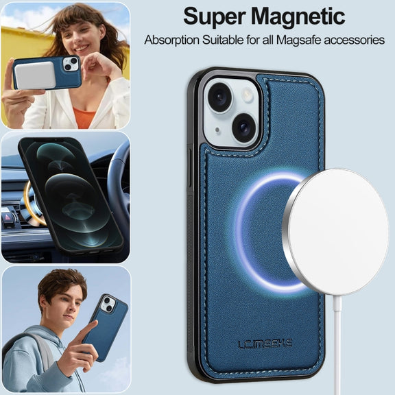 For iPhone 14 LC.IMEEKE L2 Series Detachable Magsafe PU Phone Case with Lanyard(Blue)