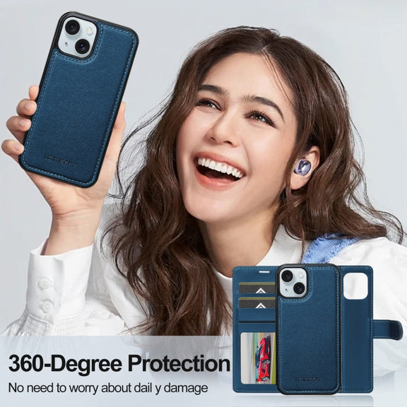 For iPhone 14 LC.IMEEKE L2 Series Detachable Magsafe PU Phone Case with Lanyard(Blue)