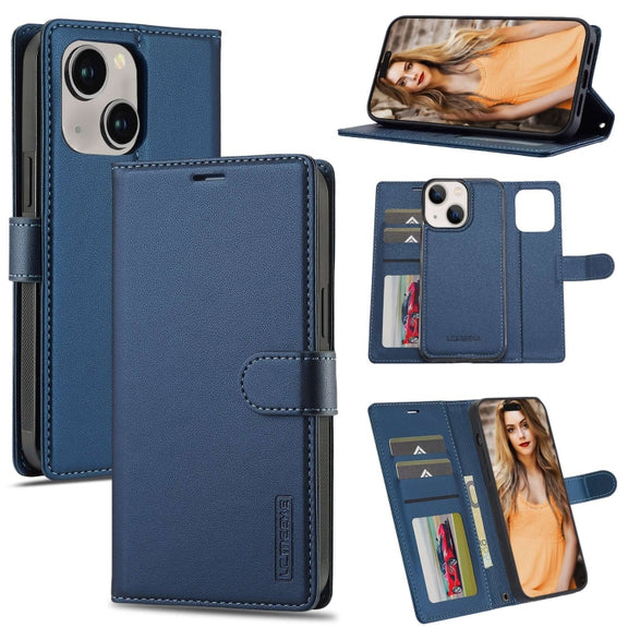For iPhone 14 LC.IMEEKE L2 Series Detachable Magsafe PU Phone Case with Lanyard(Blue)