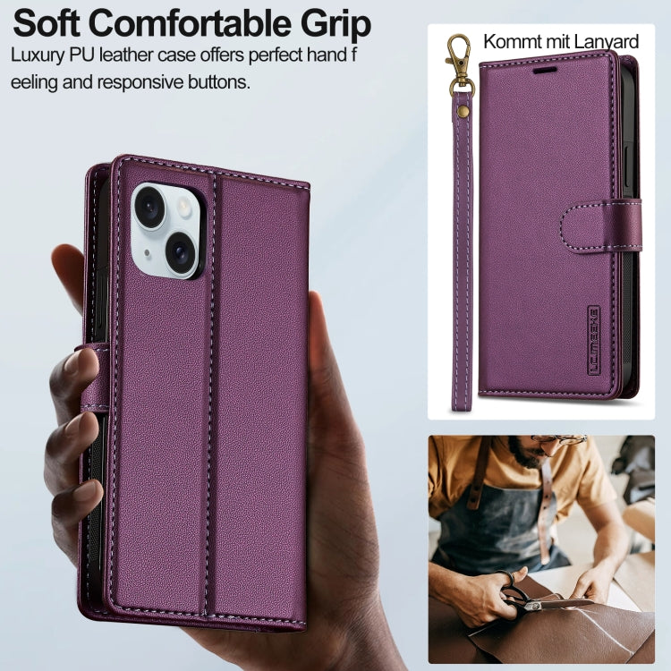 For iPhone 14 LC.IMEEKE L2 Series Detachable Magsafe PU Phone Case with Lanyard(Purple)