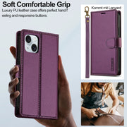 For iPhone 14 LC.IMEEKE L2 Series Detachable Magsafe PU Phone Case with Lanyard(Purple)