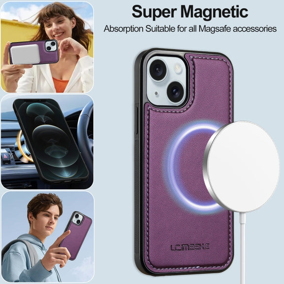 For iPhone 14 LC.IMEEKE L2 Series Detachable Magsafe PU Phone Case with Lanyard(Purple)