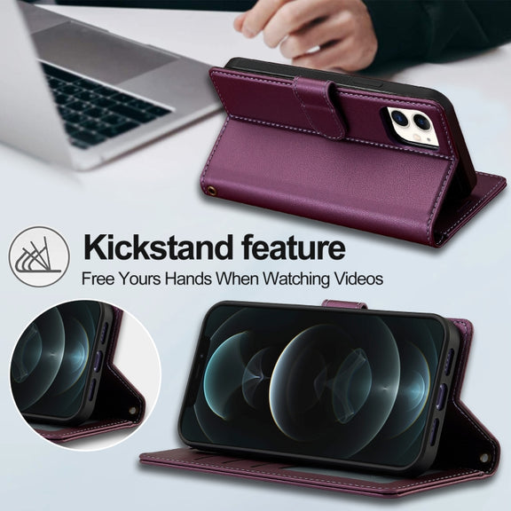 For iPhone 14 LC.IMEEKE L2 Series Detachable Magsafe PU Phone Case with Lanyard(Purple)