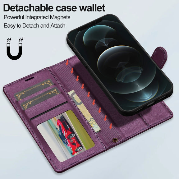For iPhone 14 LC.IMEEKE L2 Series Detachable Magsafe PU Phone Case with Lanyard(Purple)