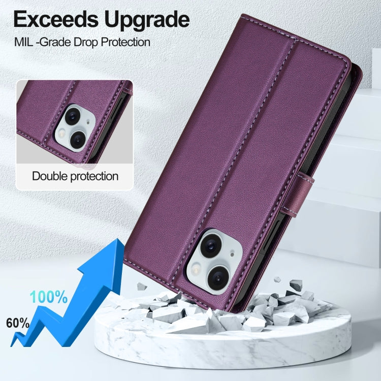 For iPhone 14 LC.IMEEKE L2 Series Detachable Magsafe PU Phone Case with Lanyard(Purple)