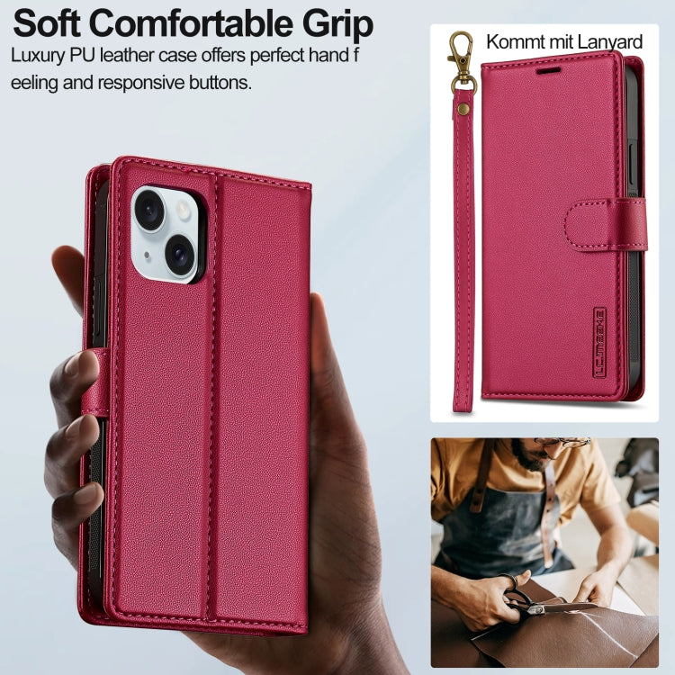 For iPhone 14 LC.IMEEKE L2 Series Detachable Magsafe PU Phone Case with Lanyard(Red)